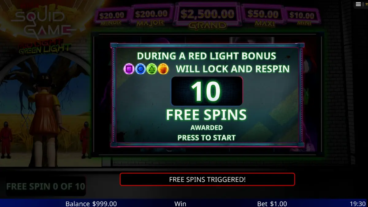 Tampilan visual slot Squid Game: Red Light, Green Light dengan elemen permainan bertahan hidup