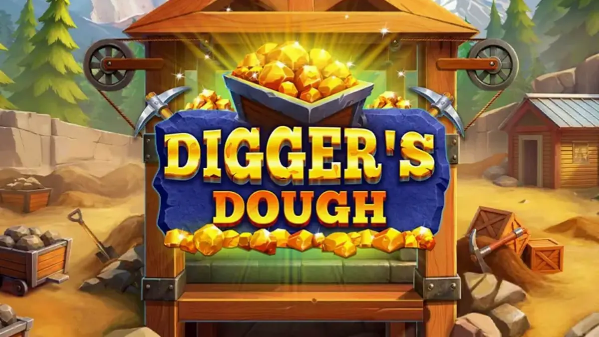 Tampilan antarmuka seluler slot Digger’s Dough dengan simbol penambang dan permata